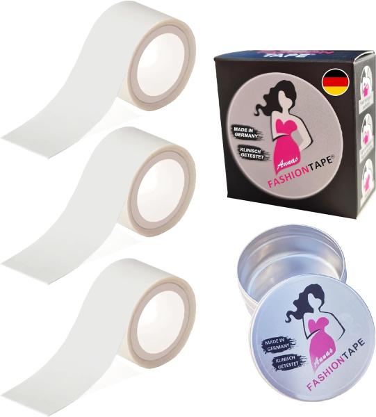 Annas Fashion Tape mit Anfasslasche im 3er Pack zum SPARPREIS, doppelseitiges Klebeband für den Körper 3x 20mm x 1m